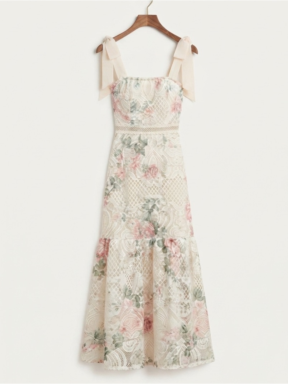 Ivory Floral Lace Midi Dress with Tie Straps - Picture 2 of 7